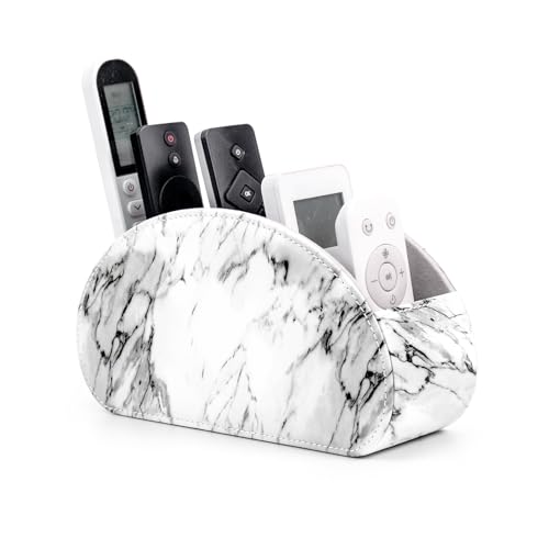 Remote Control Holders Organizer Box with 5 Compartment PU Leather Multi-functional Office Desk Storage Caddy Store Tv Remote for Media Player,Brush,Pencil,Glassees&Office Supplies (Marble) - color: Marble, size: S