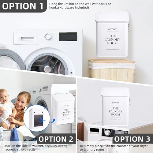 Magnetic Lint Bin for Laundry Room with Lint Brush and Magnetic Hook, Wall Mounted Lint Box with Lid, Farmhouse Laundry Room Decor - color: White, size: Pattern 3