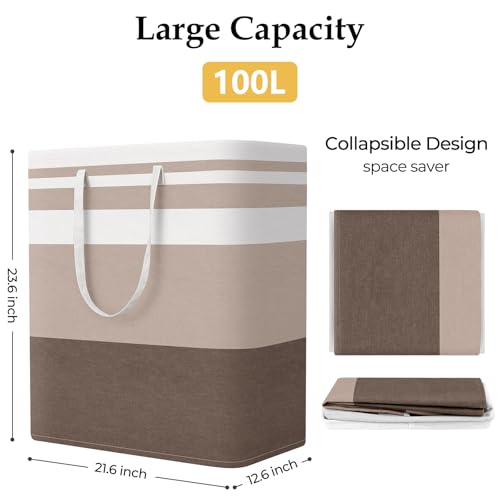 StorageRight Large Collapsible Laundry Basket Hamper with Easy Carry Handles，Freestanding Clothes Hampers for Laundry, Bedroom, Dorm, Towels, Toys, 100L, Khaki - color: Khaki, size: 100L