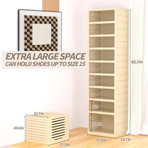 FAHKNS Shoe Storage Box, 9 Tiers Easy Assembly Foldable Plastic Shoe Rack with Clear Door, Stackable Shoe Storage Bins Shoe Organizer for Entryway Closet - color: Beige, size: 9 Tiers 18 Pairs