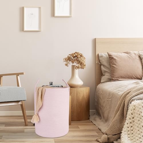 XUANGUO Cotton Rope Laundry Basket Hamper for Clothes Woven Storage Basket for Living Room Bedroom Boho Tall Rope Baskets for Blanket Toys Pillow Towels Baby Nursery Hamper Bin Large light pink - color: pink, size: Large