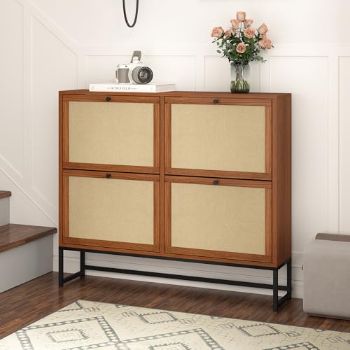Shoe Cabinet, Shoe Storage Cabinet with 4 Flip Drawers, Freestanding Shoe Organizer Shoe Rack for Entryway, Hallway, Living Room (Walnut - 8 Tiers) - color: Walnut - 8 Tiers