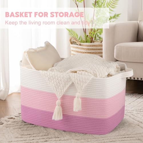 OIAHOMY Large Blanket Basket, 65L Cotton Rope Woven Laundry Basket, Toy Bin for Baby Room, Container for Blanket Storage in Living Room, 20''×16''×12'', Gradient Pink - color: Gradient Pink, size: 65L