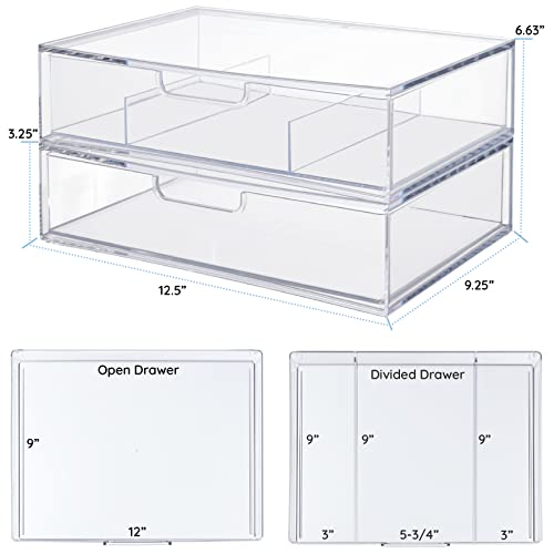 STORi STAX Plastic Stackable Organizer Drawers (Set of 2) Clear | 12.5" Wide | Set Includes One Open Drawer & One Divided Drawer | Organize Office Desk Accessories & Sort Paper | Made in USA - color: Clear, size: Open/Divided 2pk