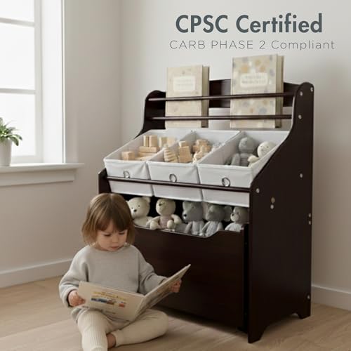 Humble Crew 3-in-1 Kids Bookshelf and Toy Storage Organizer, Espresso/White - Toddler Organizers with Rolling Toy Box and 3 Fabric Bins – Sturdy Baby Book Shelf, Perfect for Nursery and Playroom - color: Espresso/White