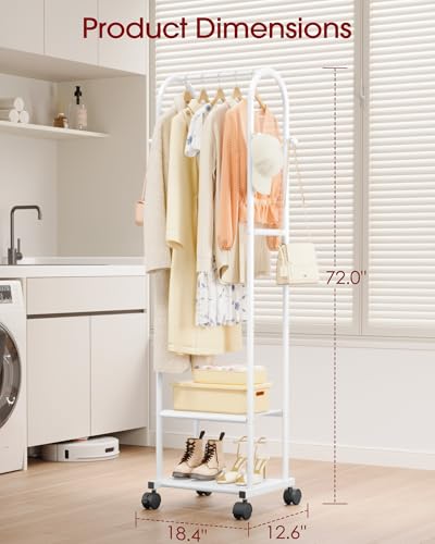 Sakugi Heavy Duty Premium Clothes Rack with 2-Tier Mesh Shoe Shelves & 4 Hooks, Lockable Wheels, Space-Saving, Multi-Functional for Bedroom, Entryway, Closet, Modern Design, 18.4" x 12.6" x 72", White - color: White