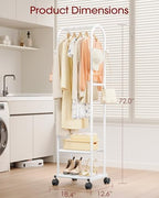 Sakugi Heavy Duty Premium Clothes Rack with 2-Tier Mesh Shoe Shelves & 4 Hooks, Lockable Wheels, Space-Saving, Multi-Functional for Bedroom, Entryway, Closet, Modern Design, 18.4" x 12.6" x 72", White - color: White