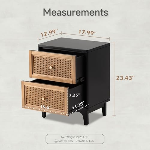 COZAYH 2 Drawer Bedroom Nightstand, Boho Farmhouse Bedside Table - Accent Table Stand with Drawer Organizer Storage and Weave Pattern Front, Black - color: Black, style: 2 Drawer/1 pack