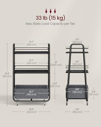 VASAGLE LILEA Collection - Storage Cart with Fabric Basket, 3-Tier Rolling Utility Cart with Wheels and Shelves, for Living Room Bedroom Kitchen, Ebony Black and Slate Gray ULRC001BE02 - color: Ebony Black + Slate Gray, style: 16.9"D x 11.8"W x 31.9"H