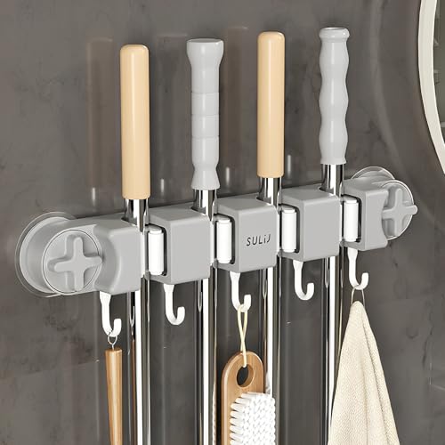 Broom Holder Wall Mount Sturdy Mop and Broom Organizer with 4 Racks and 5 Hooks Vacuum Suction Cup Broom Mop Holder for Home, kitchen, Garden, Tools, Garage (grey) - color: Grey