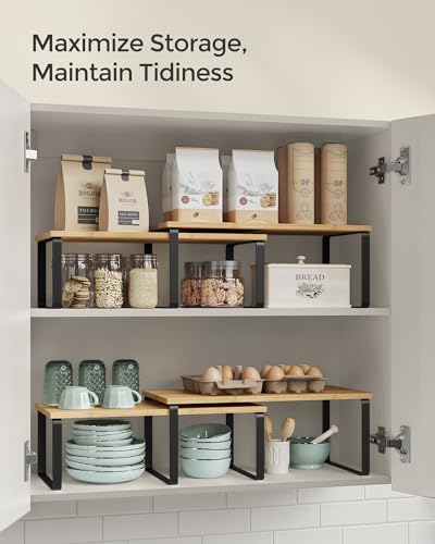 SONGMICS Cabinet Organizer Shelf, Set of 2 Kitchen Counter Shelves, Kitchen Storage, Spice Rack, Stackable, Expandable, Metal and Engineered Wood, Ink Black and Natural Beige UKCS200B01 - color: Ink Black + Natural Beige, size: 15.6"W