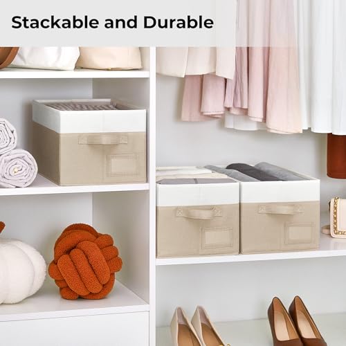 GRANNY SAYS Shelf Storage Baskets, Fabric Storage Bins for Clothes, Closet Storage Boxes with Handles, Collapsible Storage Containers for Bedroom and Living Room, Khaki&Ivory, Medium, 3-Pack - color: White&Kahki, size: Medium