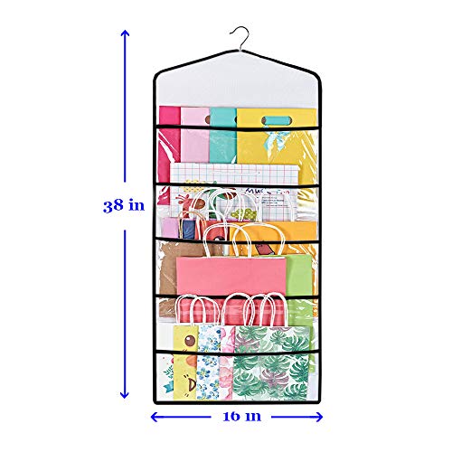 ProPik Hanging Double Sided Gift Bag Storage Organizer with Multiple Front and Back Pockets Organize Your Gift Wrap, Tissue Paper, and Paper Bags 38 x 16 Inch PVC (Black) - color: Black
