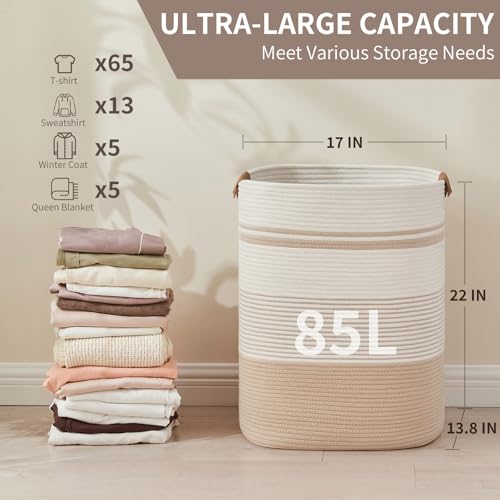 AINUOQI Laundry Basket with Handles - Blanket Basket & Hampers for Bedroom Aesthetic, Laundry Hamper & Blanket Storage for Living Room, Clothes Hamper, Tall, Large 17" x 14" x 22”, Off-white - color: Off-white, size: 85L