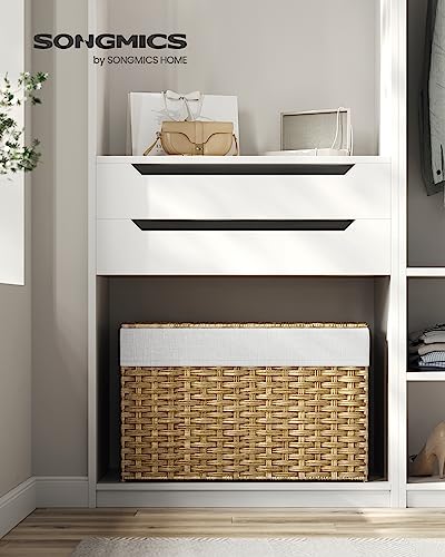 SONGMICS Storage Basket with Lid, Woven Blanket Storage Bin with Handles, Foldable, Removable Liner, Metal Frame, for Bedroom, Laundry Room, 27.7 Gallons (105 L), Natural URST066N01 - color: Natural, size: 105 L