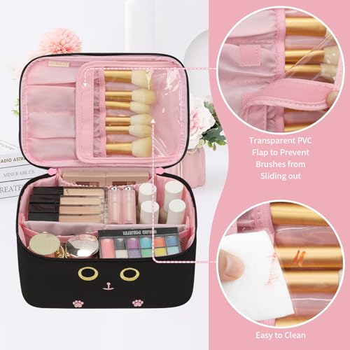 OCHEAL Makeup Bag,Travel Makeup Organizer Bag, Cute Cosmetic Bags for Women Girls Travel Toiletry Bag Traveling With Brush Slot And Divider-Cat - color: 0020_Black Cat, size: Medium