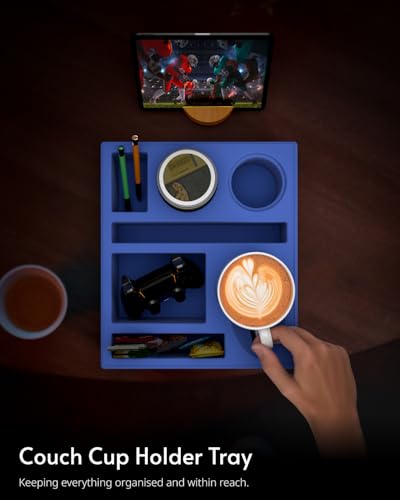 Couch Cup Holder Tray - Couch Organizer Caddy, Silicone Beach Caddy with Cup Holder, Sofa and Bed Drink Holder and Couch Tray Table for Snacks Beverage Remote (Blue) - color: Blue
