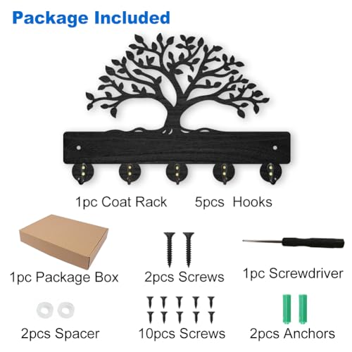 MAYJOYDIY Tree of Life Coat Rack Wall Mount 11.8×7.9inch Lush Tree Key Holder for Wall Decorative Wood Black Key Rack Hanger 5 Alloy Hooks for Wall Art Decor Entryway Front Door Gift - color: Tree of Life