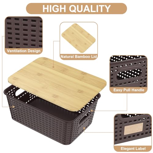 6Pcs Storage Bins with Lids, Stackable Plastic Storage Basket with Bamboo Lid, Pantry Organizer Box Small Containers for Organizing Shelves Drawer Desktop Closet Cabinet Office Classroom 10x7.1x4.1in - color: Brown