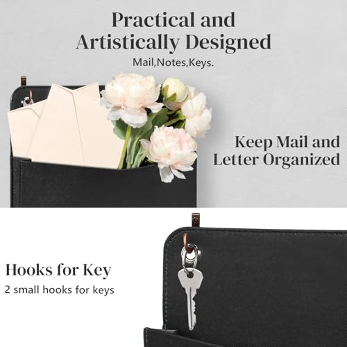 Wall Mount PU Leather Mail Holder Black Faux Leather Letter Holder 2 Ring PU Leather File Organizer Stylish Wall Hanging Mail Storage for Flowers Envelope Key Notebooks Home Office Decor - color: Black