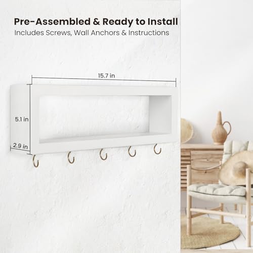 Lwenki Wall Shelf with Hooks - Decorative Key and Wallet Holder for Wall Holds Sunglasses, Leashes, Scarves and Lanyards - 15.7" x 5.1" x 2.9" Entryway Organizer Made of Paulownia Wood (White) - color: White