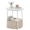 SONGMICS HOME Small Side Table, Round End Table, 2 Tier Nightstand with Basket, U Shaped Steel Legs, Easy Assembly, for Living Room, Bedroom, White and Brown - color: White + Brown, size: 1 pack
