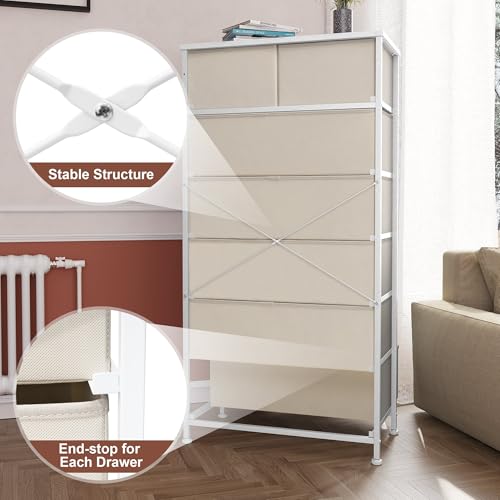 Crestlive Products Vertical Dresser Storage Tower - Sturdy Steel Frame, Wood Top, Easy Pull Fabric Bins, Wood Handles - Organizer Unit for Bedroom, Hallway, Entryway, Closets - 7 Drawers (Beige) - color: Beige, style: 7 Drawers