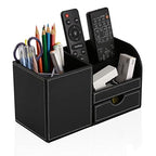 KINGFOM Desk Organizer Office Supplies Caddy Pu Leather Multi-function Storage Box Pen/Pencil,Cell phone, Business Name Cards Remote Control Holder with Small Drawer Black - color: Black