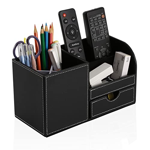 KINGFOM Desk Organizer Office Supplies Caddy Pu Leather Multi-function Storage Box Pen/Pencil,Cell phone, Business Name Cards Remote Control Holder with Small Drawer Black - color: Black