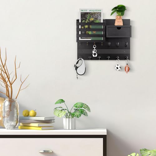 Nekon Key Holder Wall Mount, Rustic Mail and Keys Shelf for Wall Organization with 13 Hooks, Home Decor Accessory with Drawer, Black - color: Black