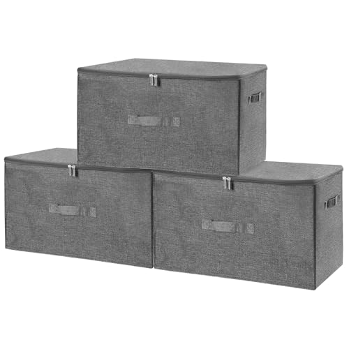 ANMINY 3PCS Storage Bins with Zipper Lids 51.9 Qt Lidded Fabric Storage Boxes Baskets Cubes with Handles Collapsible Washable Cotton Linen Closet Shelf Clothes Organizer - Gray, Extra Large - color: Gray, size: Extra Large (Pack of 3)