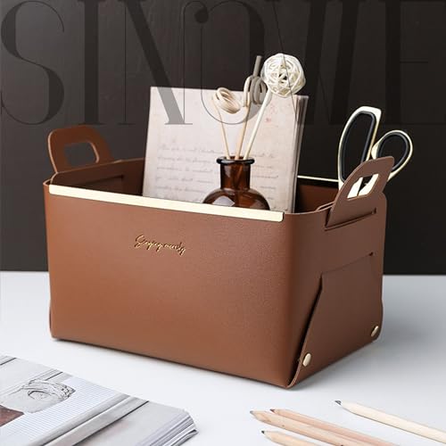 Decorative Faux Leather Basket,Small Catchall Basket for Entryway Bedside Dresser End table,Foldable Rectangle Tray Organizer Box,Set of 2,Caramel - color: Caramel(2-Pack)