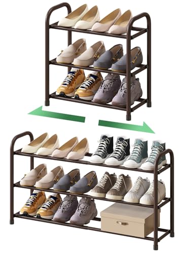 kiplant Expandable Shoe Rack for Closet, 3-Tier Shoe Organizer for Closet, Metal Adjustable Black Shoe Shelf Storage Organizer, Free Standing Shoe Rack for Entryway - color: Brown, size: 3-Tier_Long