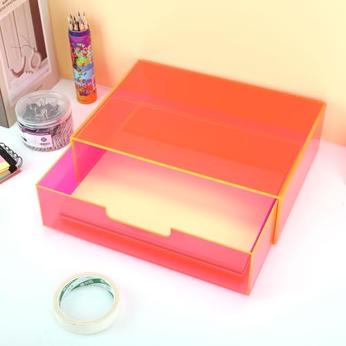 Gelite Acrylic Desk Organizer with Drawer for Makeup Vanity Stackable Desktop Storage Box for Office Supplies, 13.8 x 9.8 x 3.9’’, Neon Pink - color: Neon Pink