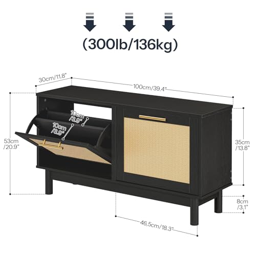 HOOBRO Rattan Shoe Storage Bench with Double Flip Drawers, Narrow Shoe Storage Organizer for Entryway, 11.8" D x 39.4" W x 20.9" H, Hidden Space Saving Wooden Shoe Cabinet for Hallway, Black BN51HX01 - color: Black