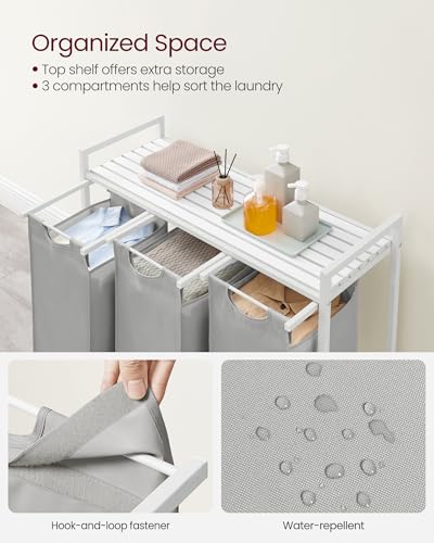 VASAGLE Laundry Hamper, Laundry Basket, Laundry Sorter with 3 Pull-Out and Removable Bags, Shelf, Metal Frame, 3 x 10.6 Gallons (40 L), 36.4 x 13 x 28.4 Inches, Dove Gray and Cloud White UBLH301W03 - color: Dove Gray + Cloud White, size: 3 Bags - 120 L