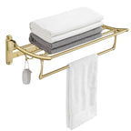 BESy 24 Inch Brushed Gold Towel Racks, Bathroom Towel Shelf with Foldable Towel Bar Holder and Towel Hooks, Wall Mounted Multifunctional Bathroom Accessories, Double Towel Bars - color: Brushed Gold