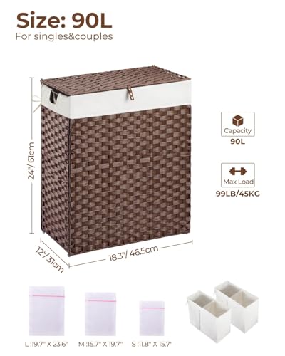 Greenstell Laundry Hamper with lid, No Install Needed, 90L Wicker Laundry Baskets Foldable 2 Removable Liner Bags, 2 Section Clothes Hamper Handwoven Rattan Laundry Basket with Handles, Brown - color: Brown, size: 90L (18.3x13.3x24.0 Inches)