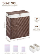 Greenstell Laundry Hamper with lid, No Install Needed, 90L Wicker Laundry Baskets Foldable 2 Removable Liner Bags, 2 Section Clothes Hamper Handwoven Rattan Laundry Basket with Handles, Brown - color: Brown, size: 90L (18.3x13.3x24.0 Inches)