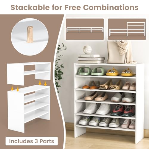 Giantex 3-in-1 Vertical Shoe Rack, 6-Tier Free Standing Shoe Storage Organizer w/Stackable Design for 18 Pairs, 31 Inch Wide Wood Shoe Shelf for Closet, Entryway, Living Room, Office, White - color: White