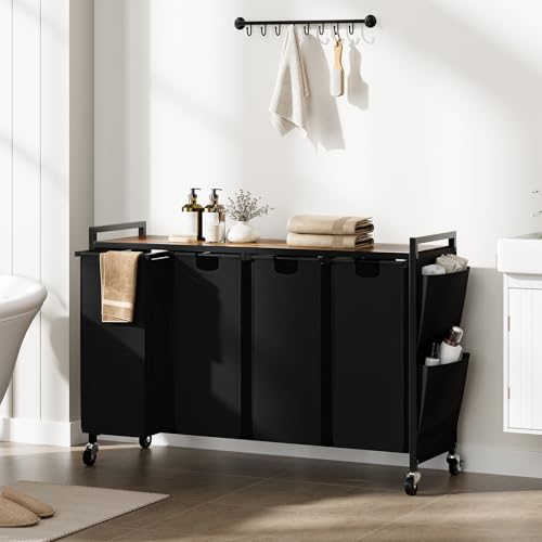 WOWLIVE 4-Compartment Laundry Hamper with Lid,Rolling Laundry Basket Organizer with Wheels, Iron-Made Laundry Sorter with Top Shelf and 4 Removable Bags,Large Clothes Storage for Room,Black - color: Black, size: 220L (43.7 x 13 x 28.8 Inches)