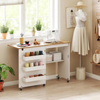 Giantex Folding Sewing Table with Charging Station, Rolling Craft Table with Storage Trays & Shelf, Foldable Sewing Machine Cabinet Desk with Lockable Wheels for Small Spaces (White & Natural) - color: White & Natural