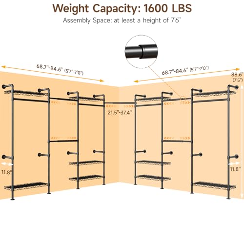 ONBRILL L7 Wall Mounted Industrial Pipe Clothing Rack – Heavy Duty Modular Closet System with 9 Hanging Rods (6 Expandable) & 10 Adjustable Shelves, Corner Garment Rack, Large Wardrobe - Black - color: Black