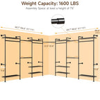 ONBRILL L7 Wall Mounted Industrial Pipe Clothing Rack – Heavy Duty Modular Closet System with 9 Hanging Rods (6 Expandable) & 10 Adjustable Shelves, Corner Garment Rack, Large Wardrobe - Black - color: Black