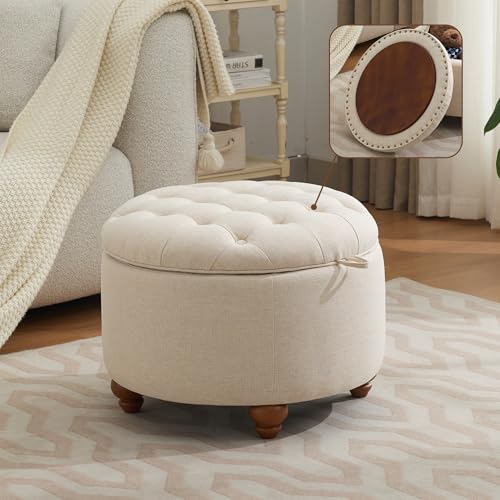 WUTUTUEE 24Inch Round Storage Ottoman with Tray, Modern Tufted Fabric Circle Coffee Table with Storage, Upholstered Ottoman with Removable Top for Living Room, Bedroom, Khaki - color: Khaki, size: 24 Inch