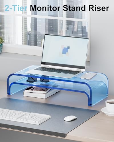 Acrylic Dual Monitor Stand Riser 2 Tier, Modular Laptop Stand for Desk, Multifunctional Desktop Organizer Shelf for PC, iMac, Printer, Detachable Monitor Stand for Office or Home, Blue - color: Blue