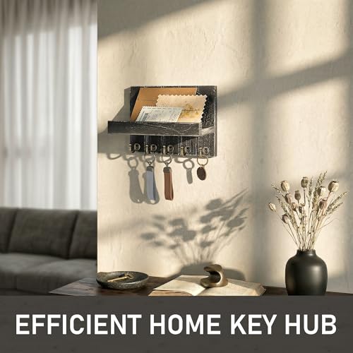 Rebee Vision Pine Wood Key Holder Wall Mount with Shelf – Farmhouse Key Holder for Wall & Sunglass Organizer for Entryway – Perfect for Living Room Decor (3.54" x 10" x 7.28", Old Black) - color: Old Black, size: 10 Inch