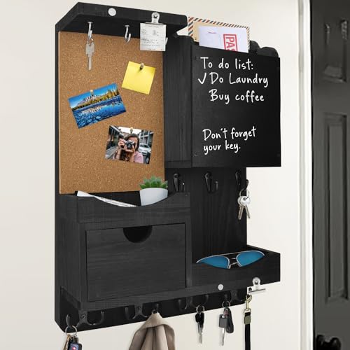 Key Holder Wall Mount, Mail Organizer Key Holder for Wall with Shelf, Drawer, Chalkboard, Corkboard, Home Decor Mounted for Room Entryway (Black) - color: Black, size: Vertical