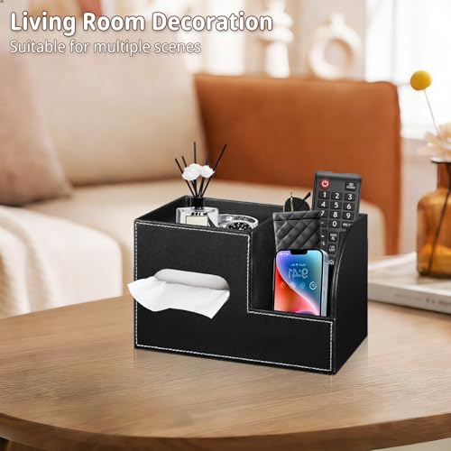 Leather Square Tissue Box Cover with Storage Tray,Cube Tissue Box Holder,Modern Facial Paper Organizer with Remote Control Holder for Bathroom,Vanity Countertop,End Table NightStand Home Office.Black - color: Black