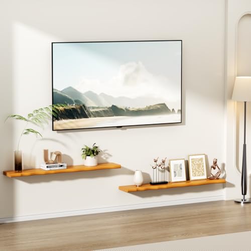 Floating Shelves for Wall Rustic Farmhouse 48 Inch Floating Shelf Bathroom Wooden Shelves for Wall Mounted Live Edge Pine Shelf with Unique Natural Grain for Living Room Bedroom Kitchen (Honey Walnut) - color: Honey Walnut, size: 48 inch - 2pcs
